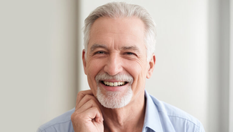 Elderly senior model man with grey hair smiling. Mature old grandfather close up portrait. happy healthy active old age.